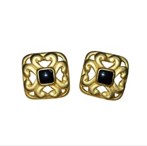 VINTAGE ANNE KLEIN EARRINGS GOLD TONE STUDS WITH BLACK ENAMEL